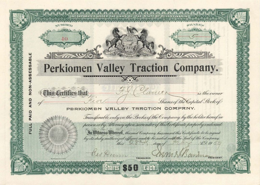 Perkiomen Valley Traction Co. - 1909 dated Stock Certificate