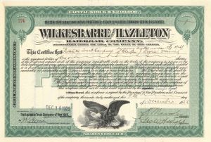 Wilkesbarre and Hazleton Railroad Co. - 1922 dated Stock Certificate