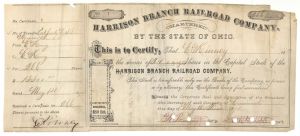 Harrison Branch Railroad Co. - 1872 dated Stock Certificate