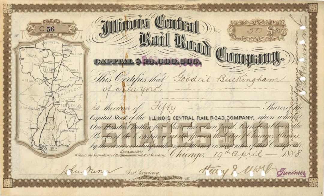 Illinois Central Rail Road Co. - 1888 dated Stock Certificate