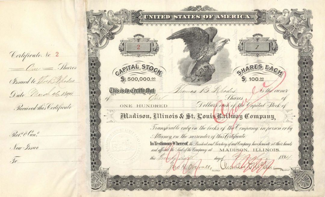 Madison, Illinois and St. Louis Railway Co. - 1894 dated Stock Certificate