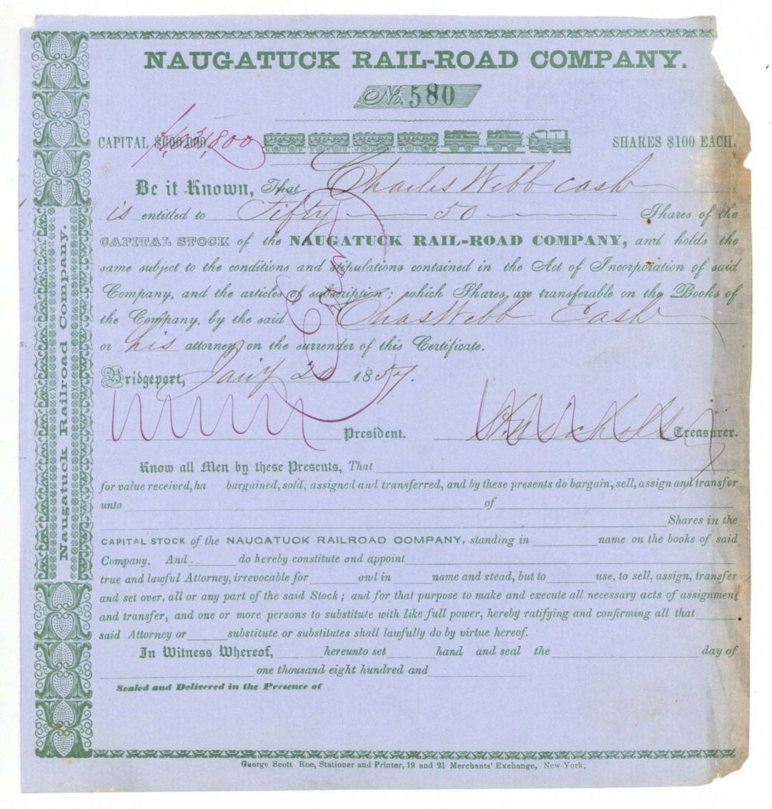 Naugatuck Rail-Road Co. - 1857 dated Stock Certificate