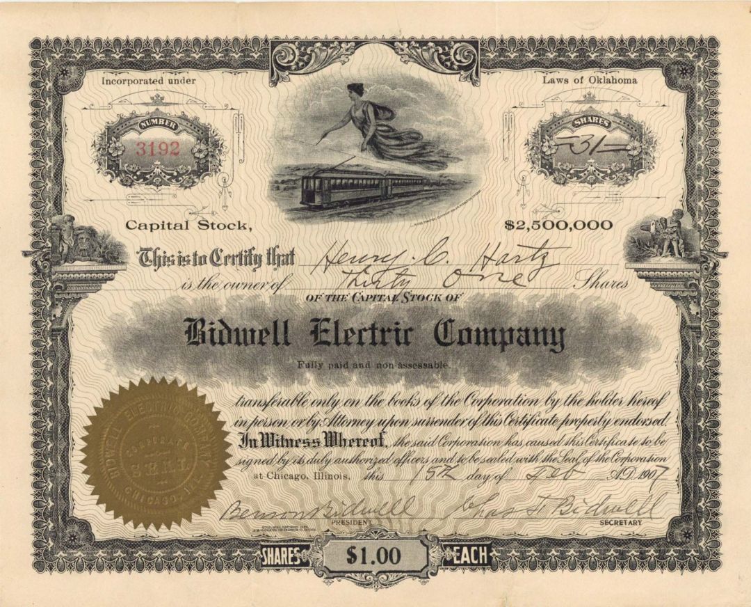 Bidwell Electric Co. - 1907 dated Stock Certificate