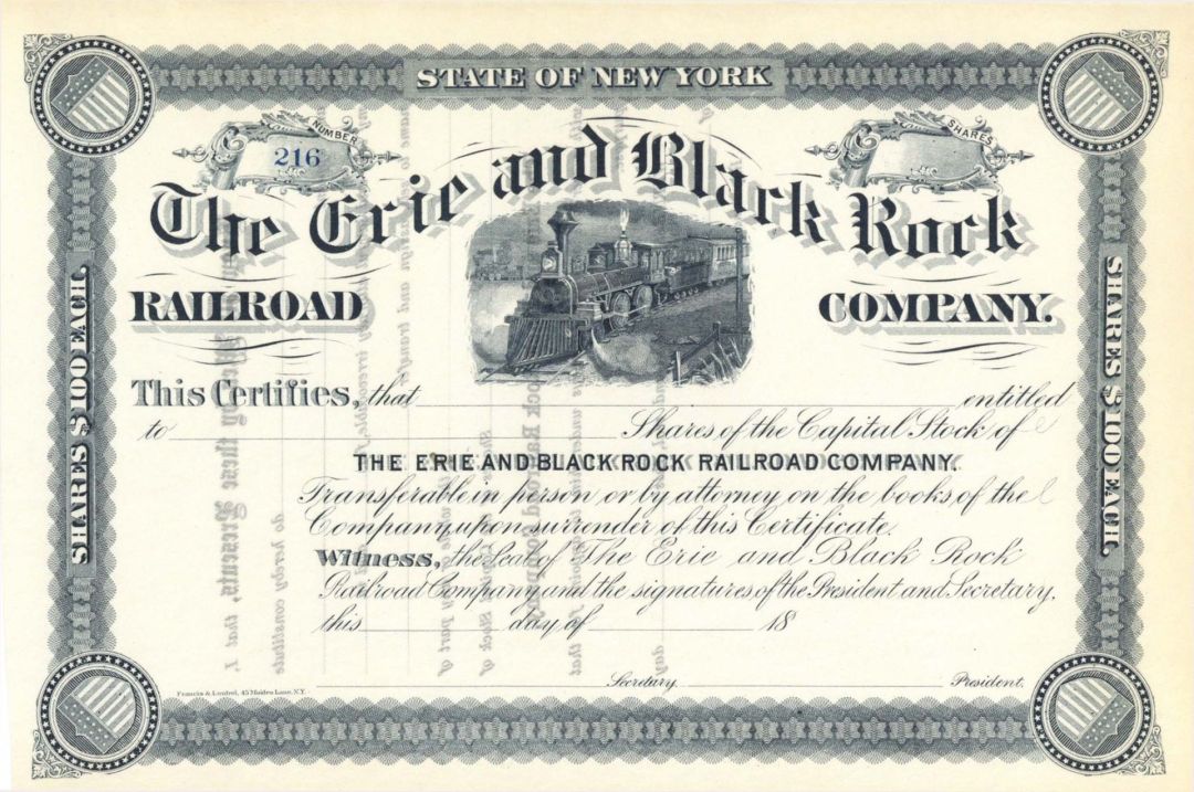 Erie and Black Rock Railroad Co.  - Unissued Stock Certificate