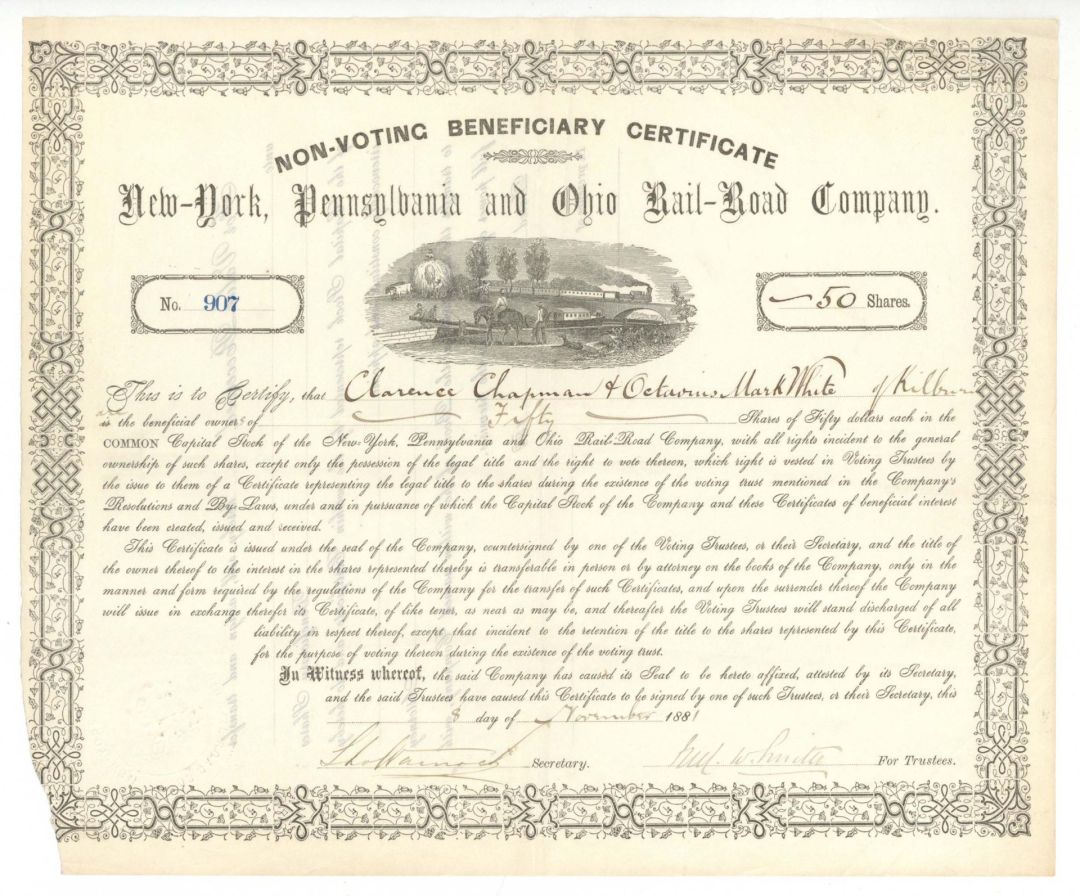 New-York, Pennsylvania and Ohio Rail-Road Co.  - 1881 dated Stock Certificate