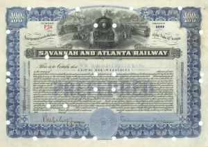 Savannah and Atlanta Railway  - 1917 dated Stock Certificate