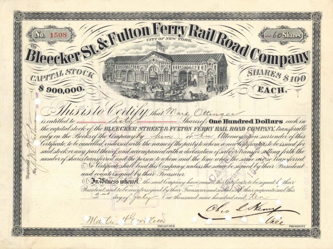 Bleecker St. and Fulton Ferry Rail Road Co. - 1910 dated Stock Certificate
