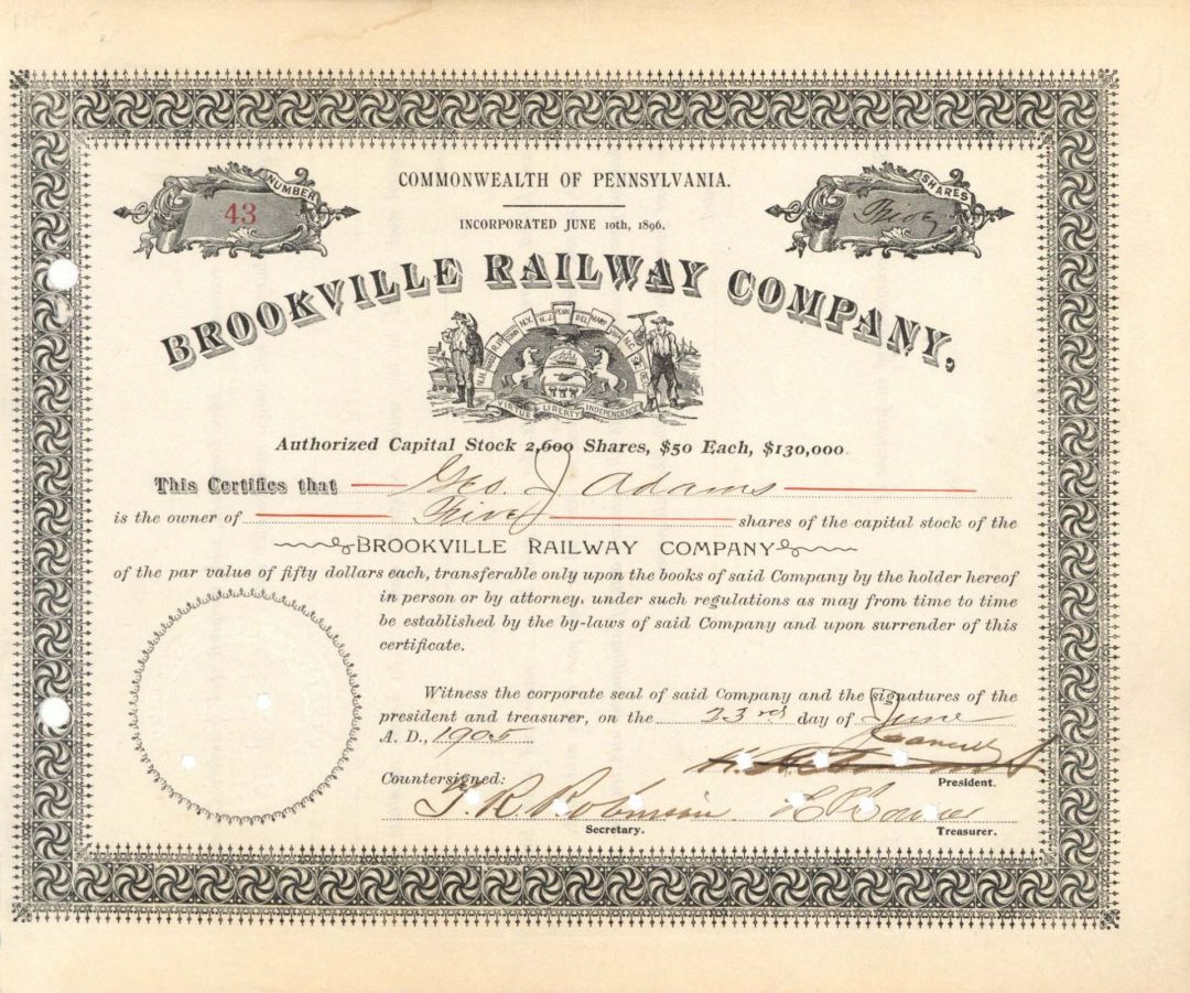 Brookville Railway Co. - 1905 dated Stock Certificate