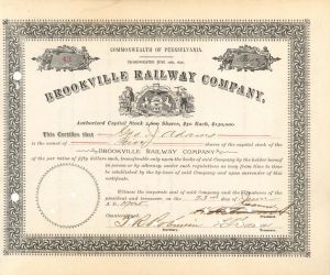 Brookville Railway Co. - 1905 dated Stock Certificate