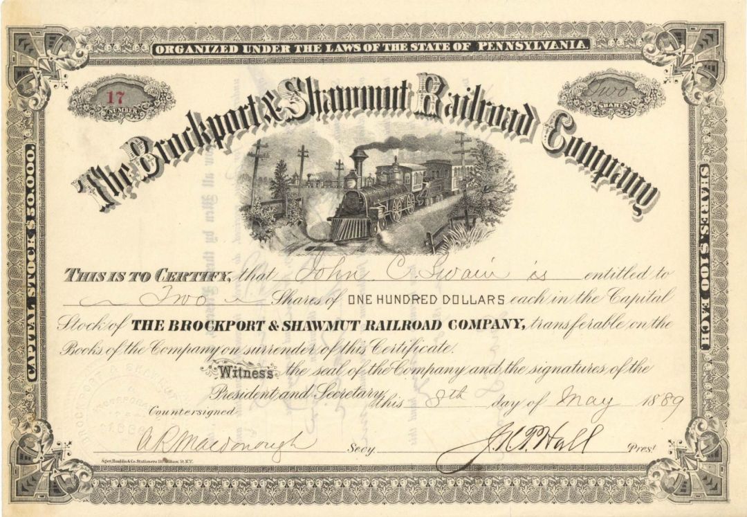 Brockport and Shawmut Railroad Co. - 1889 dated Stock Certificate
