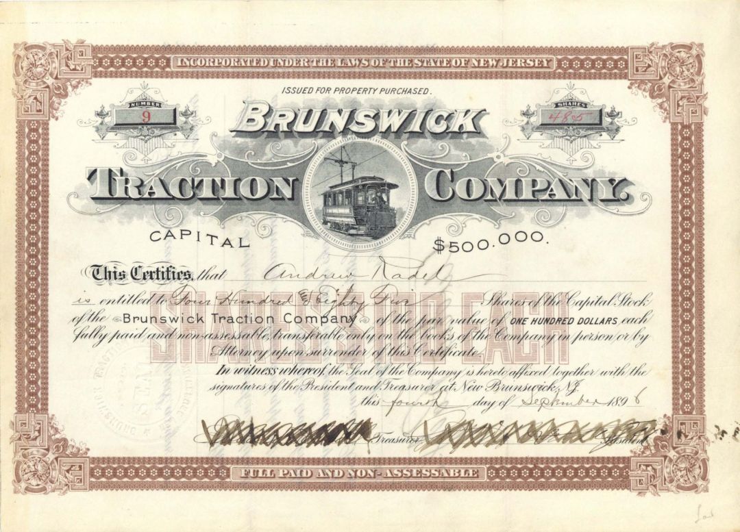 Brunswick Traction Co. - 1896 dated Stock Certificate