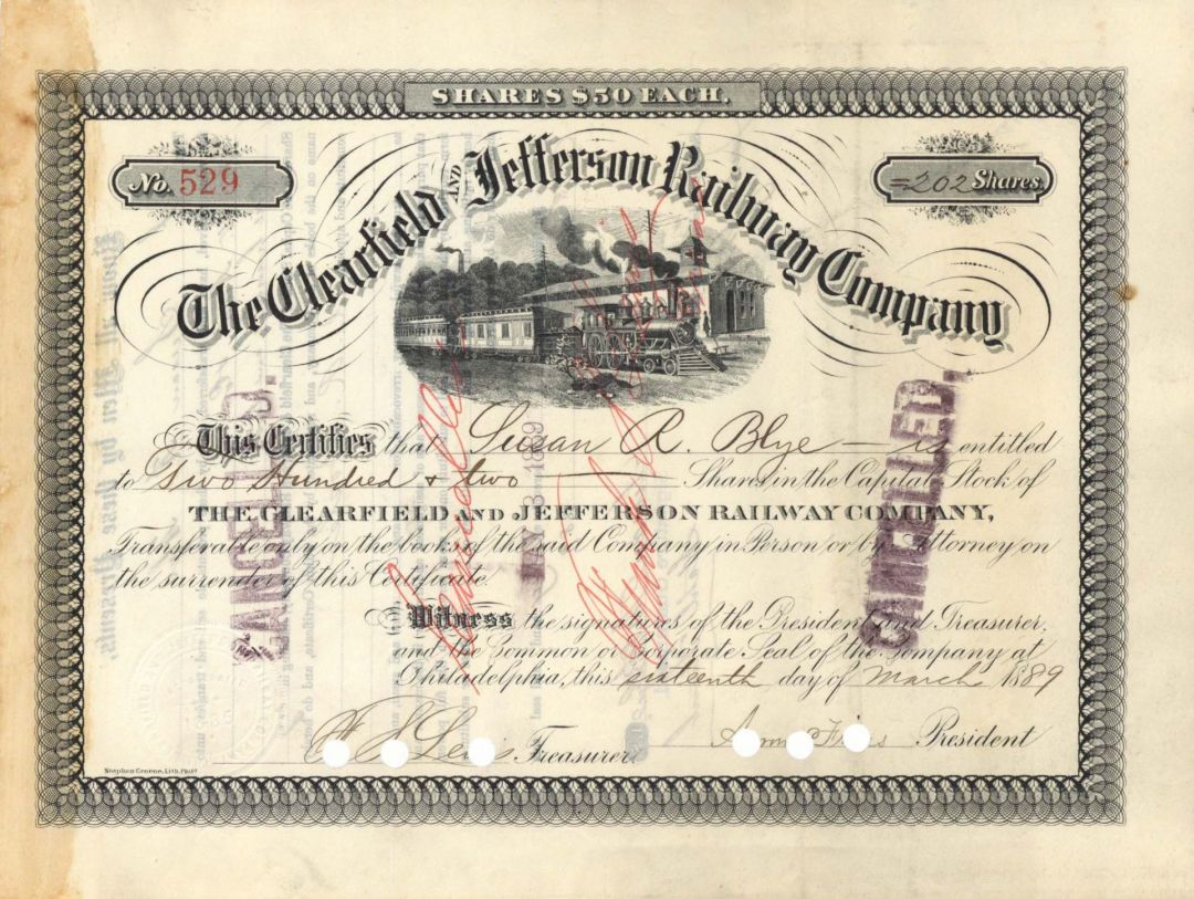 Clearfield and Jefferson Railway Co. - 1889 dated Stock Certificate