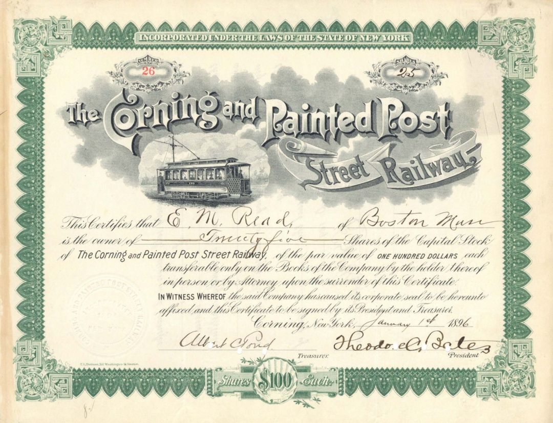 Corning and Painted Post Street Railway - 1896 dated Stock Certificate