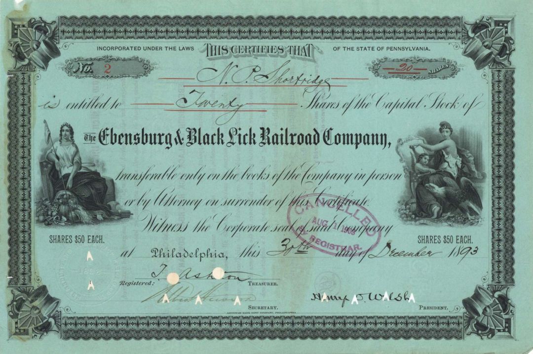 Ebensburg and Black Lick Railroad Co. - 1893 dated Stock Certificate