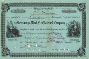 Ebensburg and Black Lick Railroad Co. - 1893 dated Stock Certificate