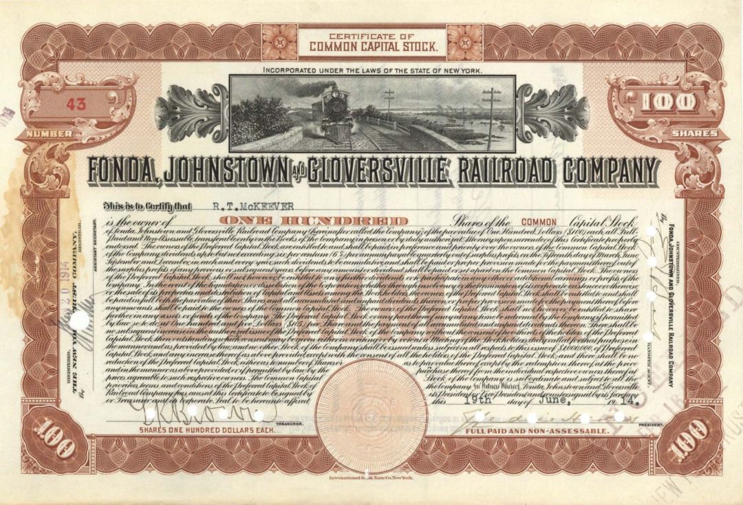 Fonda, Johnstown and Cloversville Railroad Co. - 1914 dated Stock Certificate