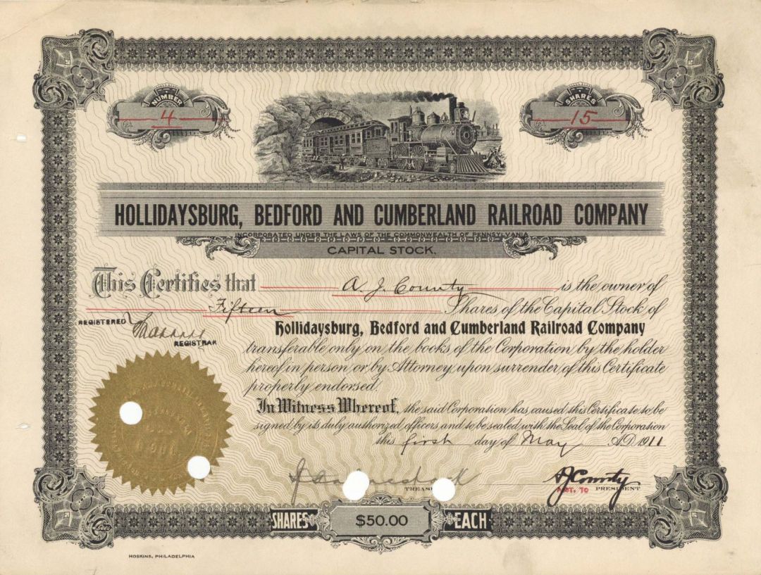 Hollidaysburg, Bedford and Cumberland Railroad Co. - 1911 dated Stock Certificate