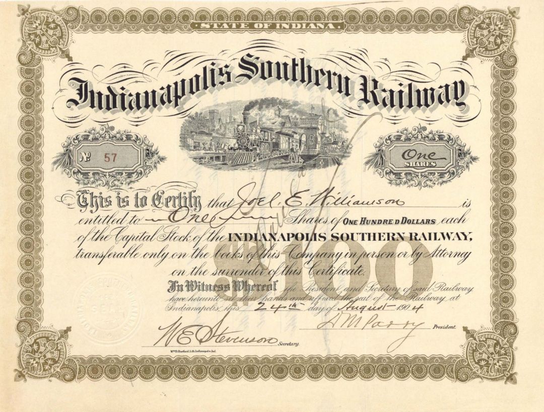 Indianapolis Southern Railway - 1904 dated Stock Certificate