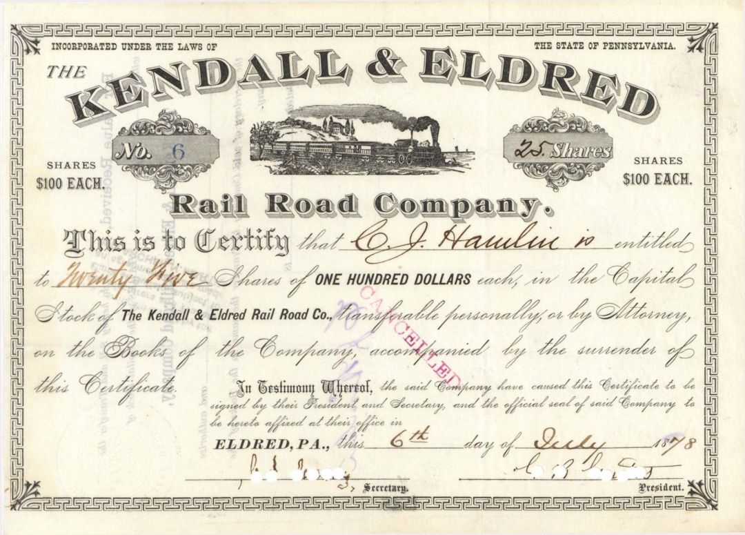 Kendall and Eldred Rail Road Co. - 1878 dated Stock Certificate