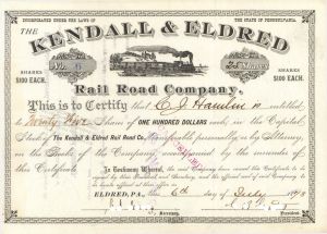 Kendall and Eldred Rail Road Co. - 1878 dated Stock Certificate