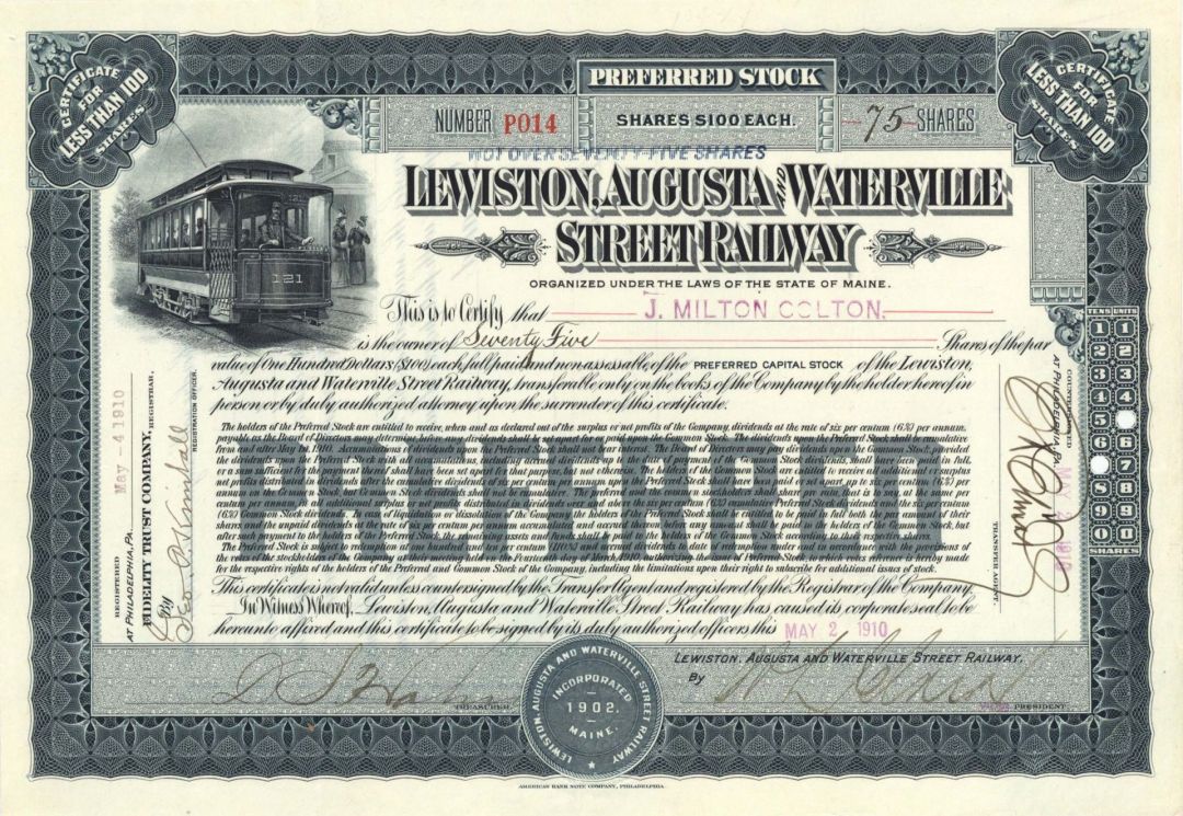 Lewiston, Augusta and Waterville Street Railway - 1910 dated Stock Certificate