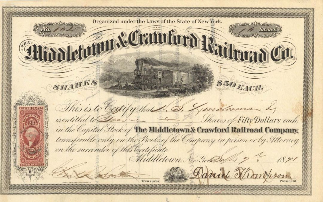 Middletown and Crawford Railroad Co. - 1871 dated Stock Certificate