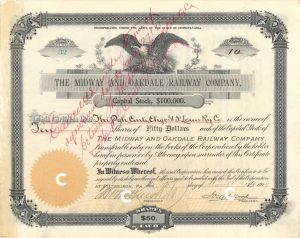 Midway and Oakdale Railway Co. - 1907 dated Stock Certificate
