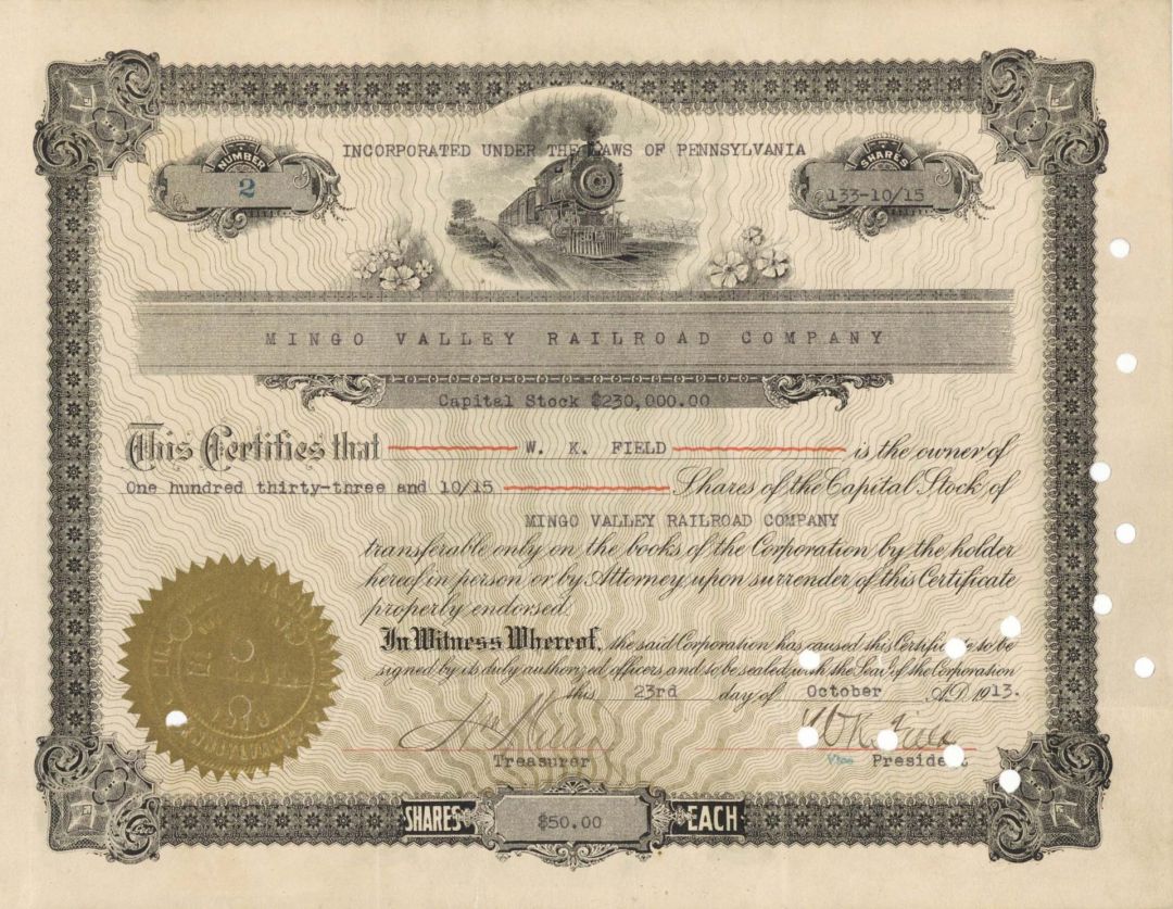 Mingo Valley Railroad Co. - 1913 dated Stock Certificate