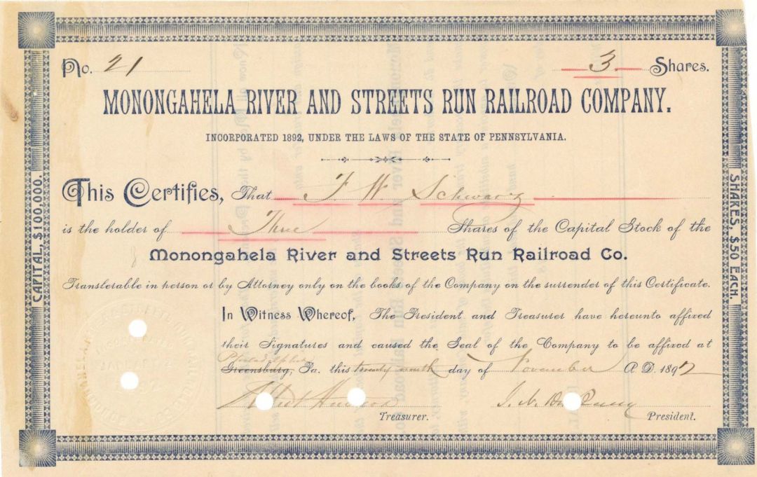 Monongahela River and Streets Run Railroad Co. - 1892 dated Stock Certificate