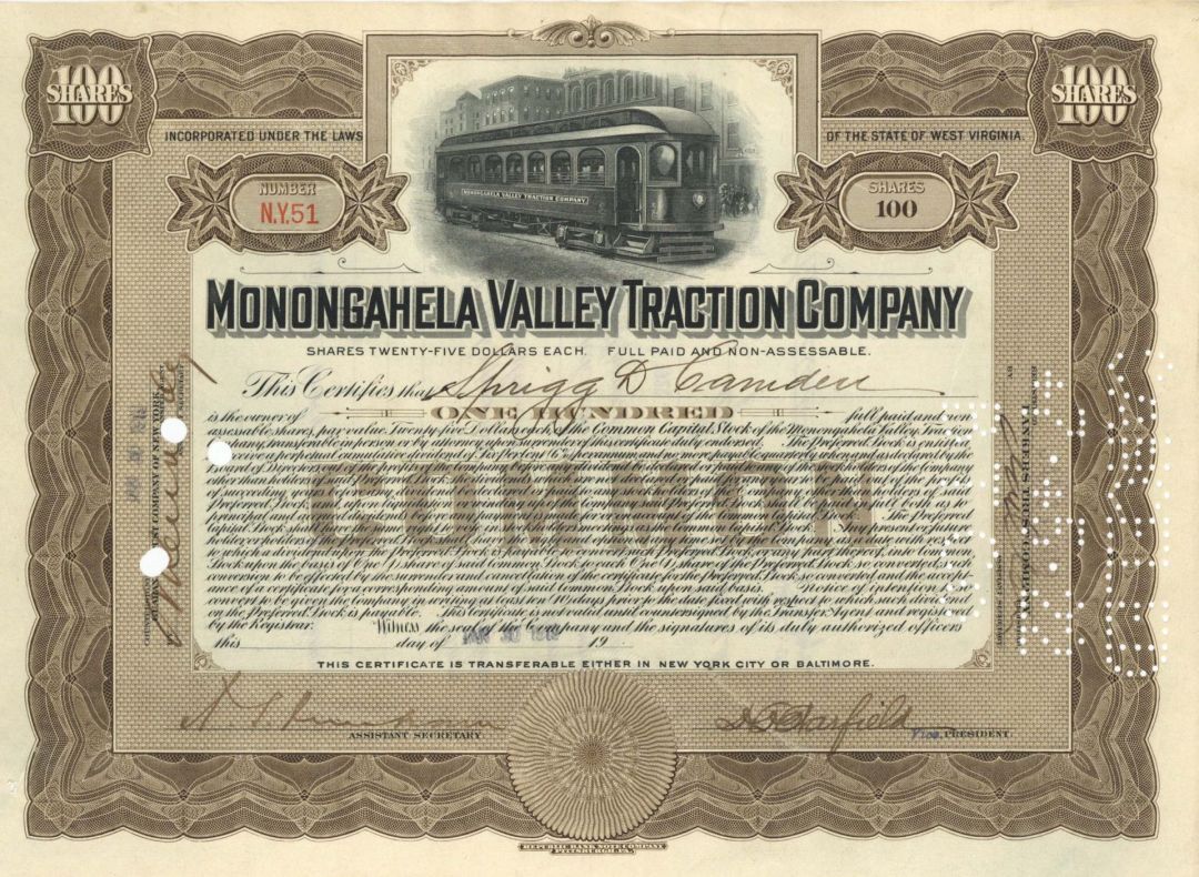 Monongahela Valley Traction Co. - 1918 dated Stock Certificate