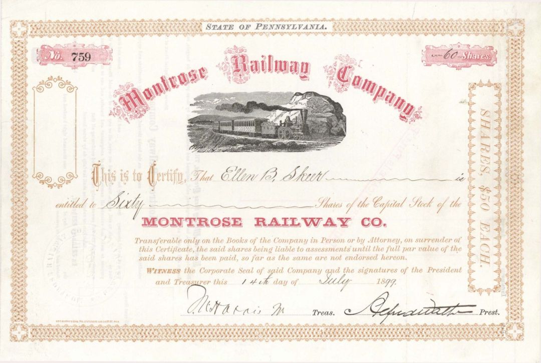 Montrose Railway Co. - 1899 dated Stock Certificate