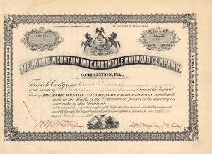 Moosic Mountain and Carbondale Railroad Co. - 1894 dated Stock Certificate