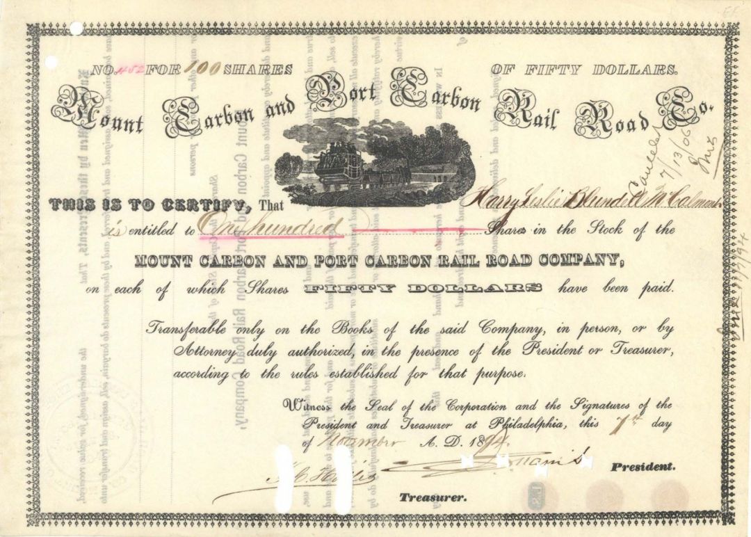 Mount Carbon and Port Carbon Rail Road Co. - 1894 dated Stock Certificate