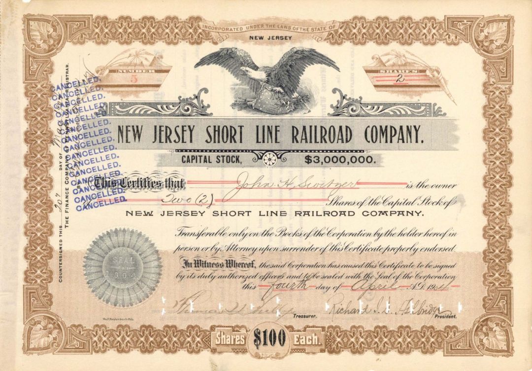New Jersey Short Line Railroad Co. - 1904 dated New Jersey Railway Stock Certificate - Very Rare Type