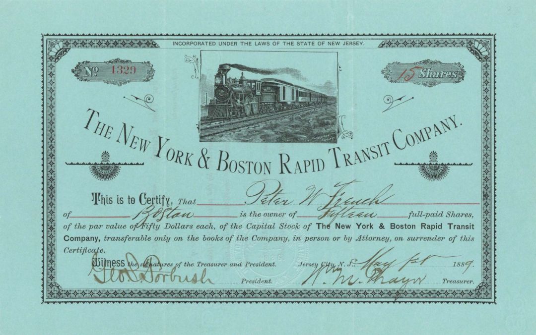 New York and Boston Rapid Transit Co. - 1889 dated Stock Certificate