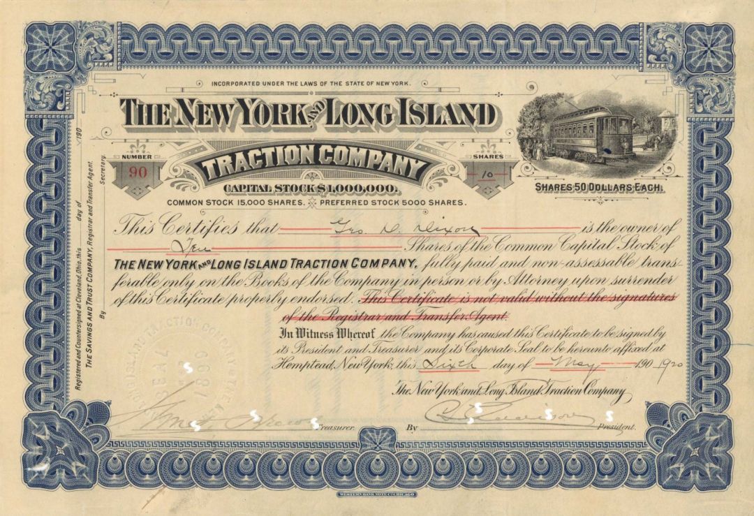New York and Long Island Traction Co. - 1920 dated Stock Certificate