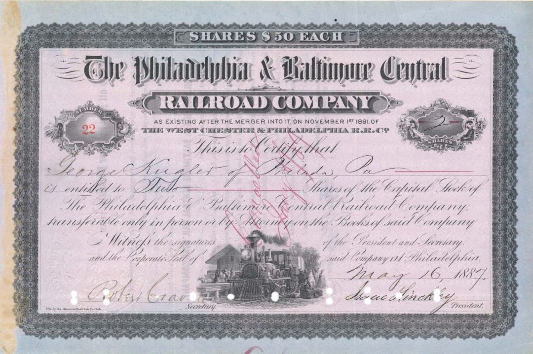 Philadelphia and Baltimore Central Railroad Co. - 1887 dated Railway Stock Certificate