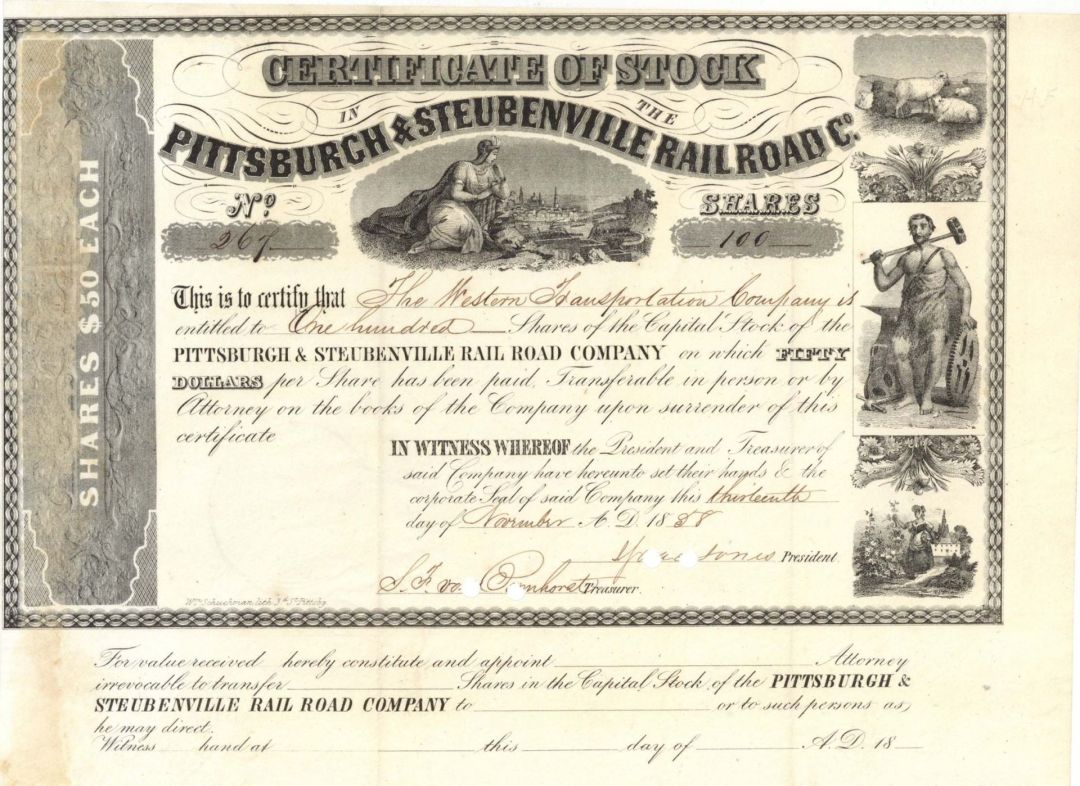 Pittsburgh and Steubenville Rail Road Co. - 1888 dated Stock Certificate
