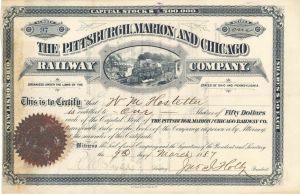 Pittsburgh, Marion and Chicago Railway Co. - 1887 dated Stock Certificate