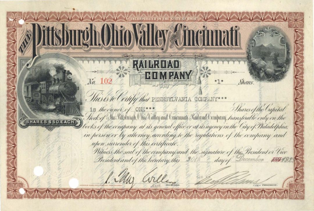 Pittsburgh, Ohio Valley and Cincinnati Railroad Co. - 1923 dated Stock Certificate
