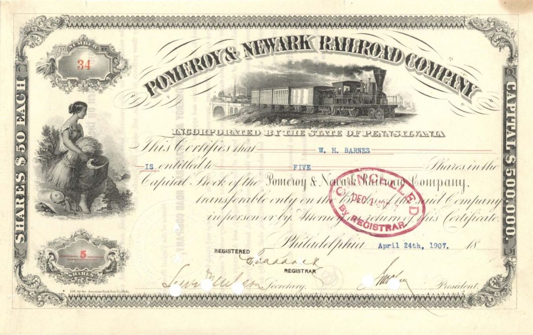 Pomeroy and Newark Railroad Co. - 1907 dated Stock Certificate