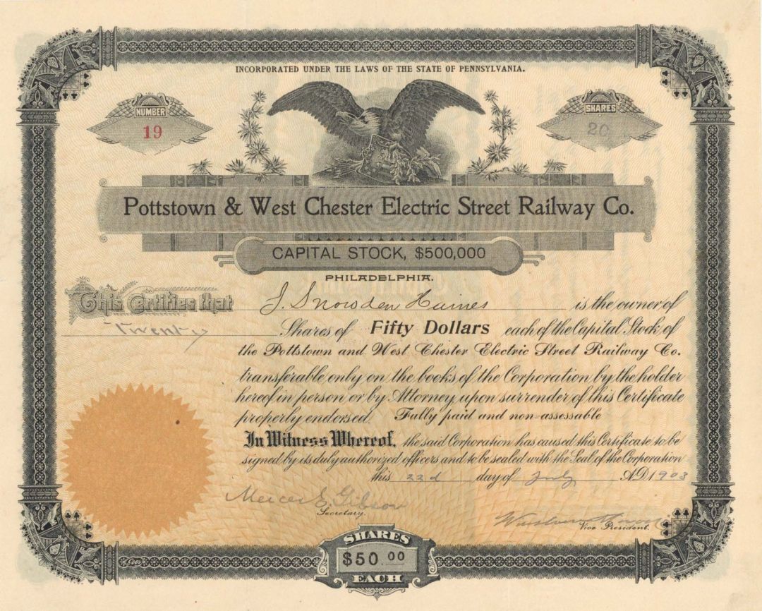 Pottstown and West Chester Electric Street Railway Co. - 1903 dated Stock Certificate