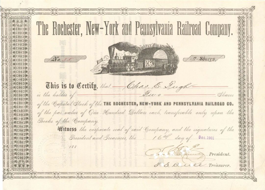 Rochester, New-York and Pennsylvania Railroad Co. - 1901 dated Stock Certificate