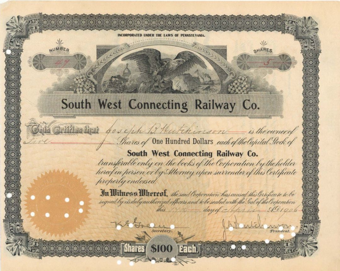 South West Connecting Railway Co. - 1906 dated Stock Certificate