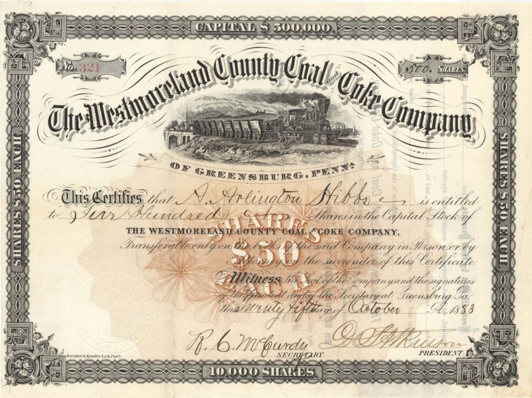 Westmoreland County Coal and Coke Co. of Greensburg, Penna. - 1883 dated Stock Certificate