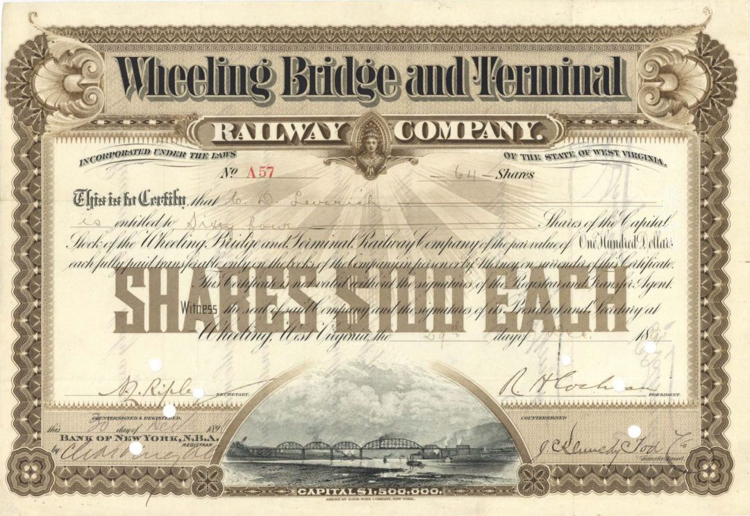 Wheeling Bridge and Terminal Railway Co. - 1891 dated Stock Certificate