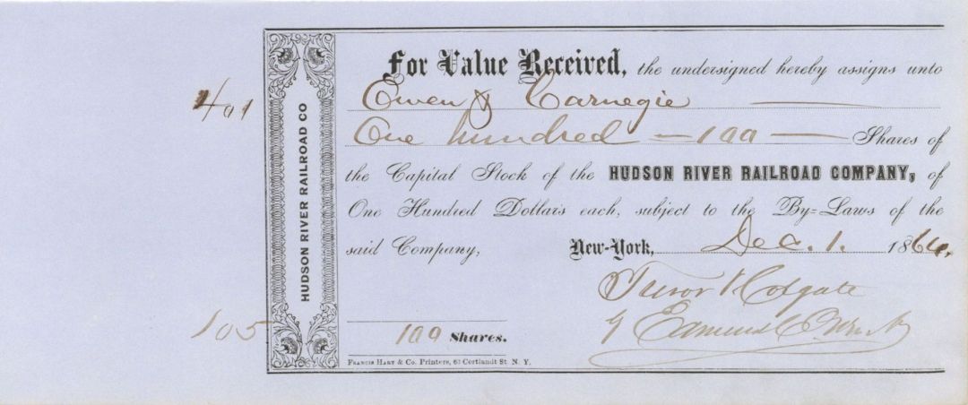 Hudson River Railroad Co. - 1866 dated Railroad Stock Certificate