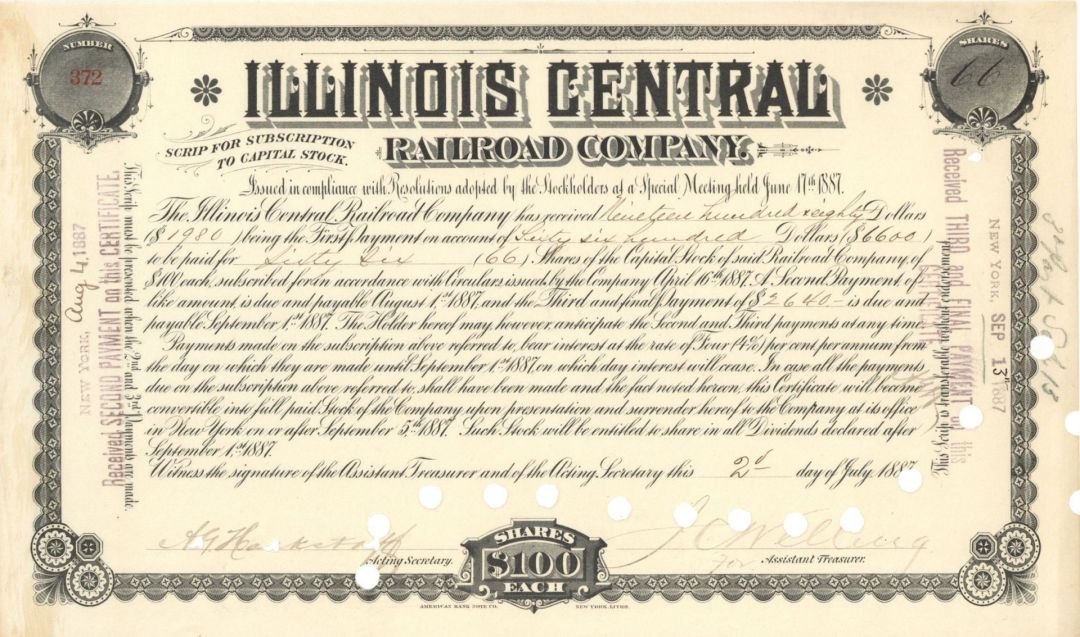 Illlinois Central Railroad Co. - 1887 dated Railroad Stock Certificate