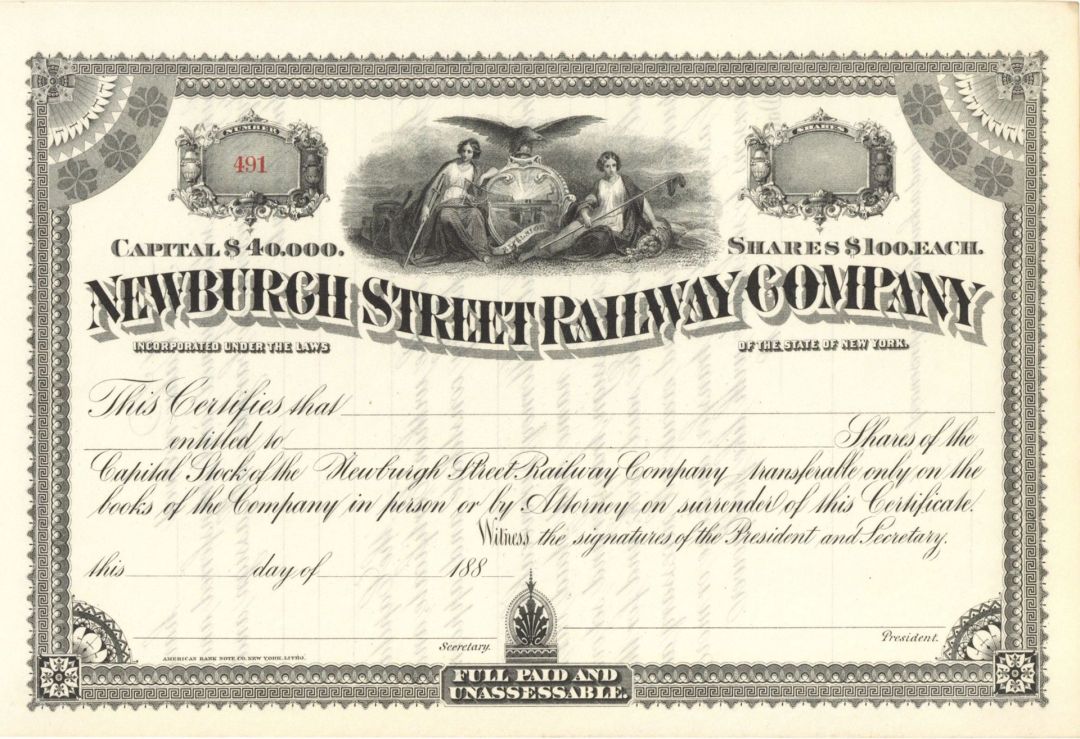 Newburgh Street Railway Co. - Unissued Stock Certificate