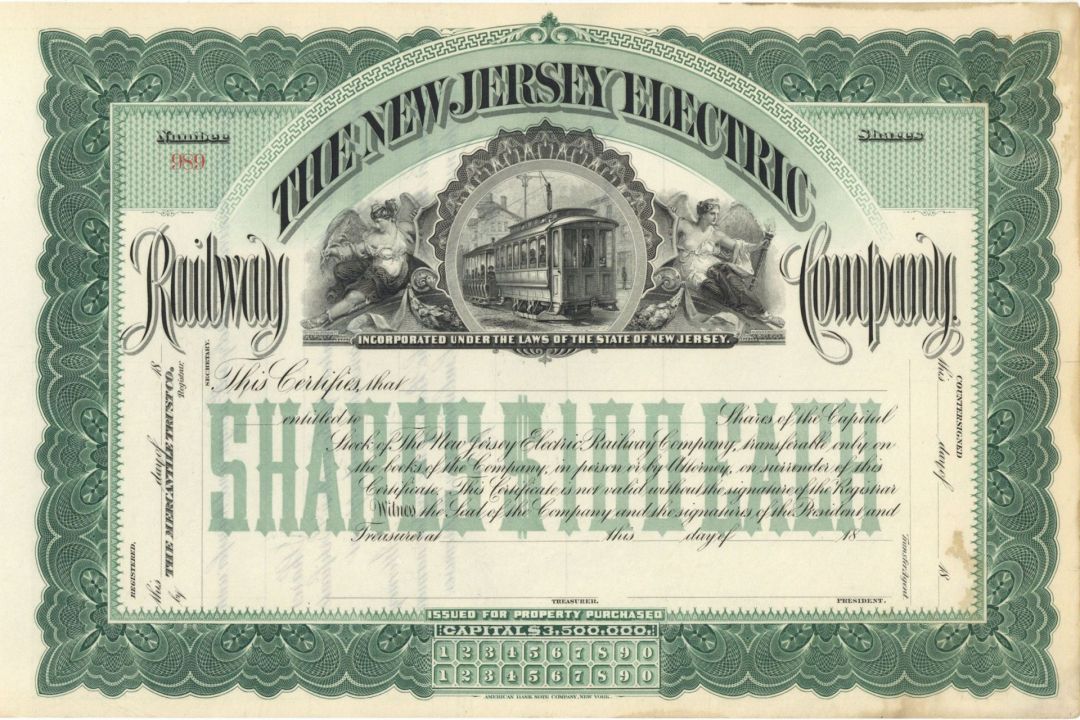 New Jersey Electric Railway Co. - Unissued Stock Certificate